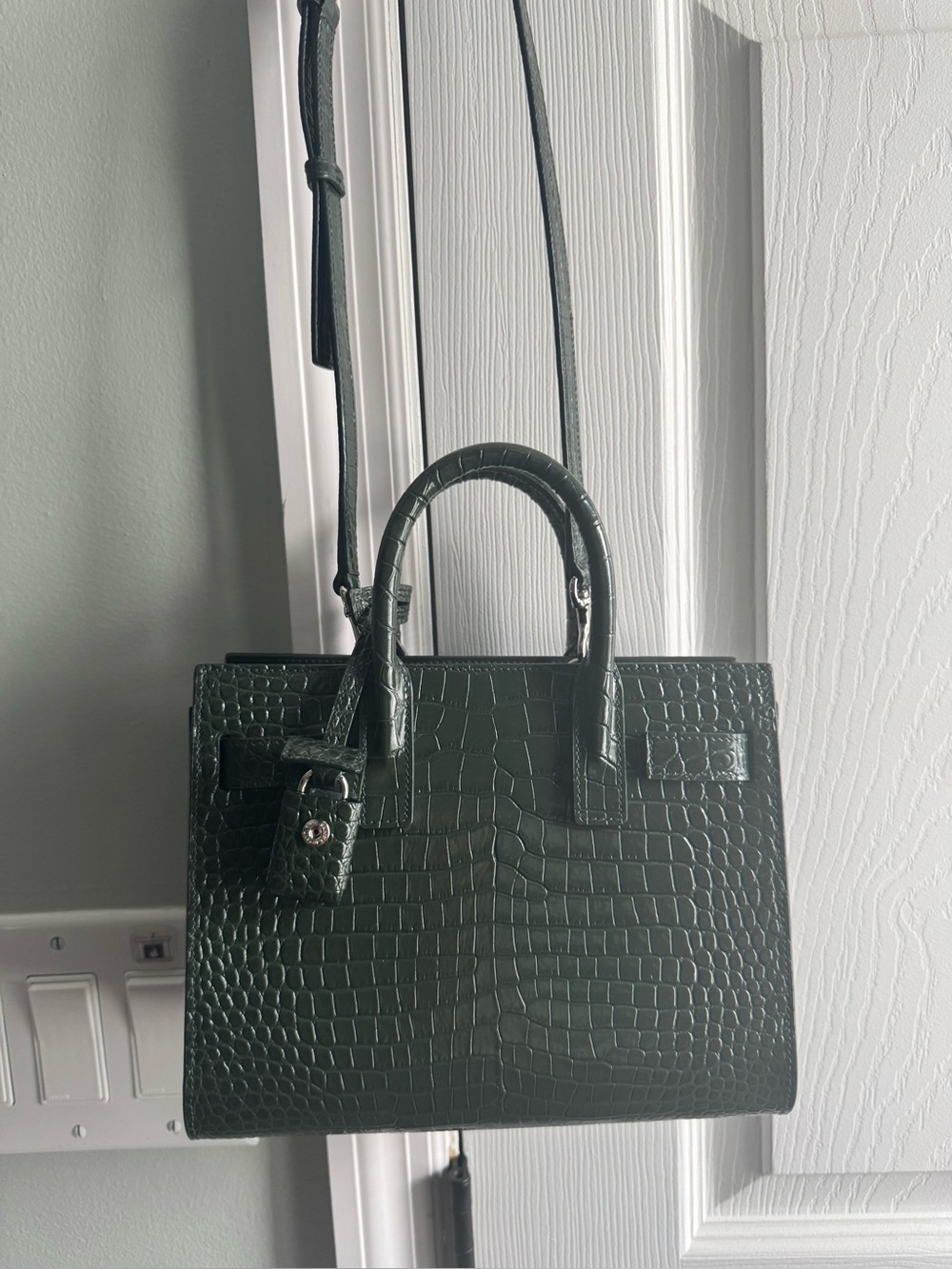 Saint Laurent Structured Croc-Embossed Top-Handle Bag in Dark Green